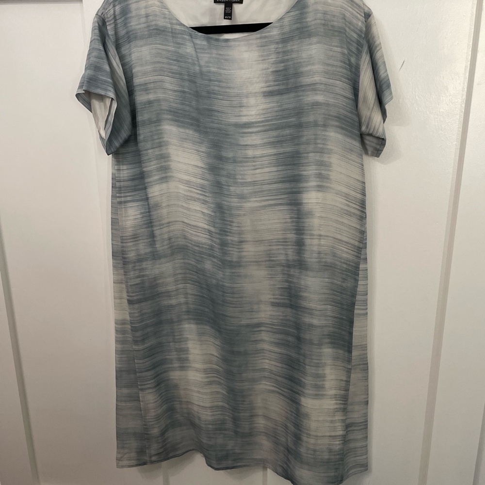Eileen Fisher A Line Dress- XS- Blue Steel Daze Brushstroke pattern- 100% silk
